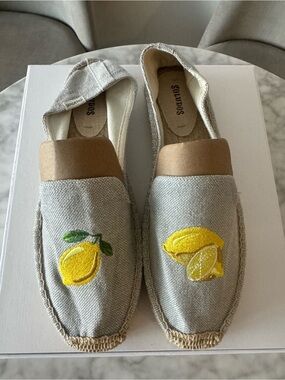 Soludos Neutral Linen Espadrilles with Yellow Lemon Embroidery